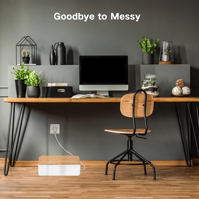 Cable Management Box Organizer, Set of 2 Bamboo Lid Large Storage Wire Holder to Conceal Hide Surge Protector, Power Strips Cord on Desk Floor, with 5 Cables Tape for Home Office Computer TV USB Hub