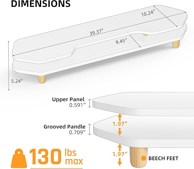 2 Tier White Dual Monitor Stand Riser,Wider Board Computer Monitor Stand for 2 Monitors,Slot For Phone/Tablet Office Desktop Organizer for Laptop,PC,Computer,Printer,White