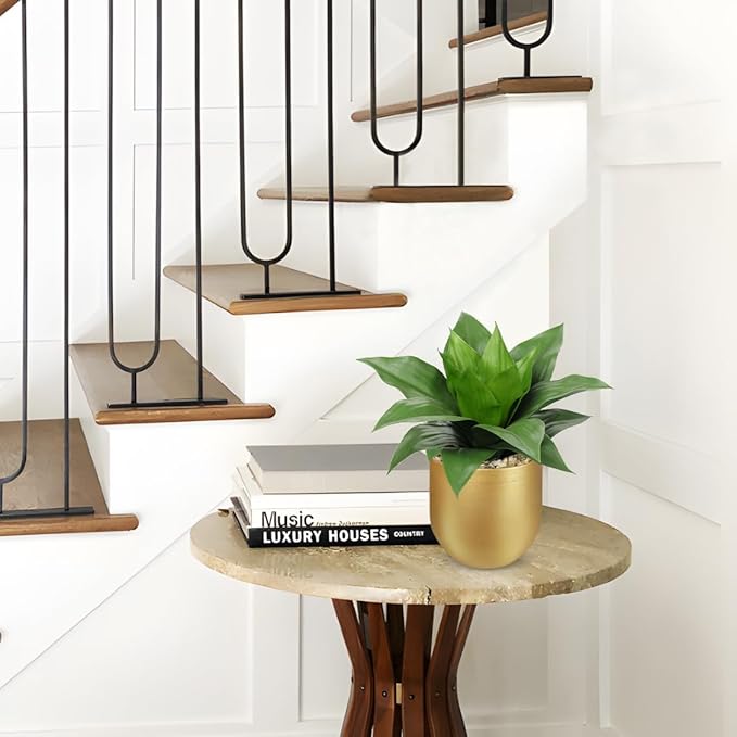 Briful Agave Artificial Wide Leaf Plant in Gold Pot – 10.2” Tall Faux Greenery with Lush Plastic Leaves & Pebble Base, Fake Plant Decor for Indoor Tabletop, Office Desk, Bathroom Shelf