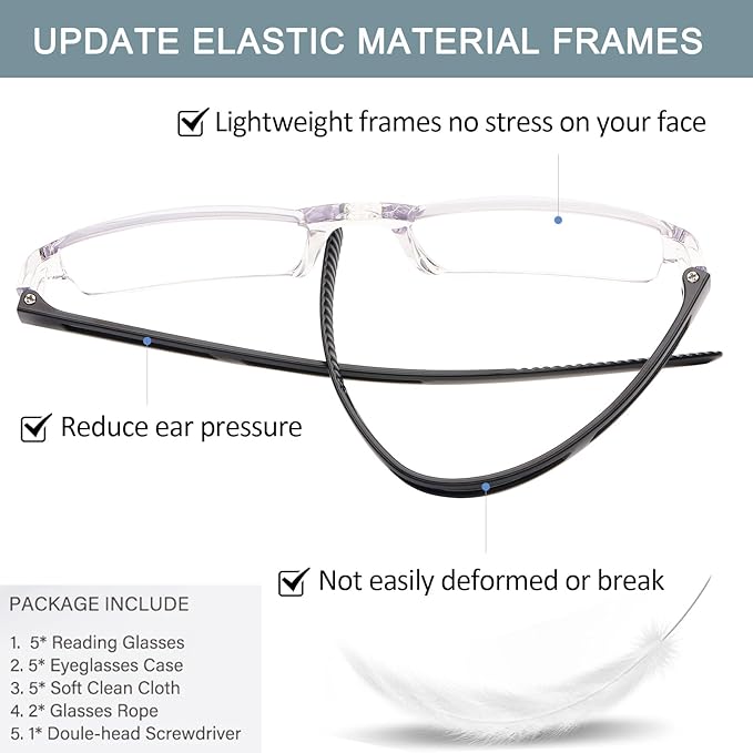 AQWANO Blue Light Blocking Reading Glasses for Women Men, 5 Pack Clear Frame Lightweight Rimless Computer Readers Anti Glare, 1.75
