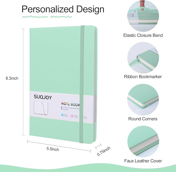 Lined Journal Notebook for Women Men,5.5"x8.3",100 GSM Thick Paper, A5 Hardcover Leather Journaling Notebooks for Writing,Travel,Work & School,College Ruled Journals for Note Taking Diary(Light Green)