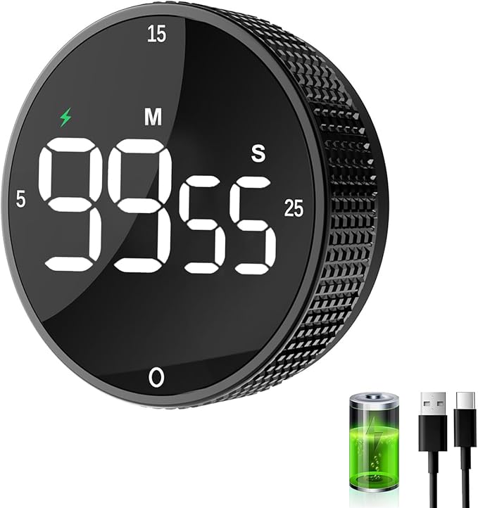 Rechargeable Magnetic Digital Kitchen Timer-Loud Alarm Visual Productivity Timer&Pomodoro Timer with Large LED Display,3 Presets(5/15/25min),3 Volume Levels.Ideal for Cooking Fitness&Office Use