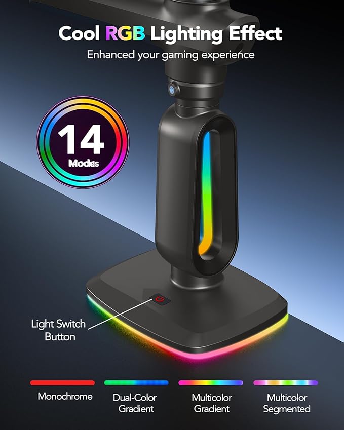 HUANUO RGB Heavy Duty Monitor Arm for Ultrawide Screens up to 57", Holds 44 lbs, Tall Ultrawide Monitor Stand with 29.1" Max Height, Fully Adjustable Single Computer Desk Mount, Max VESA 100x100mm