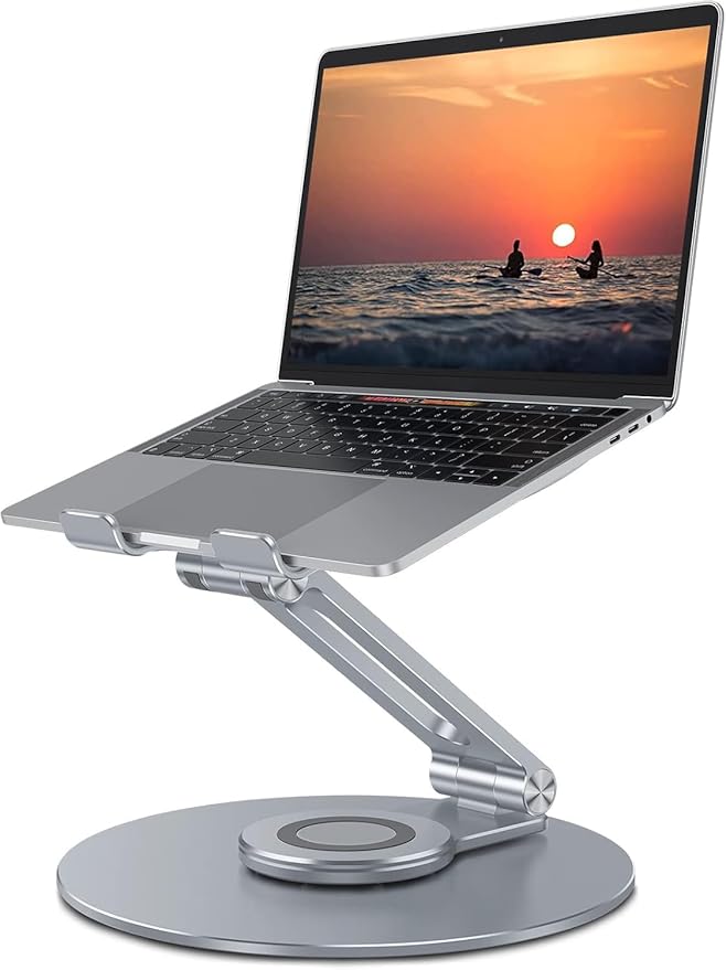 OMOTON Adjustable Laptop Stand with 360 Rotating Base, Ergonomic Laptop Riser for Collaborative Work, Dual Rotary Shaft Fully Foldable for Easy Storage, Fits All Laptops up to 16 inches, CoolGrey