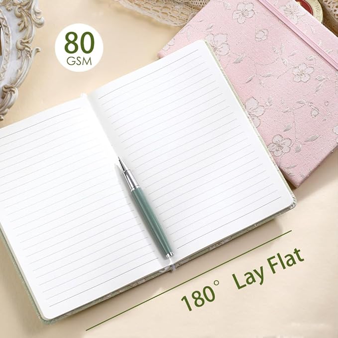 A5 Notebook, Ruled Paper, Lined Page, Hardcover, Layflat, Linen Cover, Flower Fabric, Journal for Women, Elastic Band Closure, Cute Notebooks for School, Office, Personal Writing, Pink