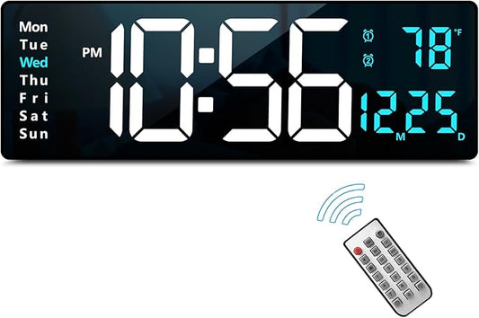 16.2 Inch Large Display Wall Clocks, LED Digital Clock with Remote Control for Living Room Decor, Automatic Brightness Dimmer Clock with Date Week Temperature (Blue)