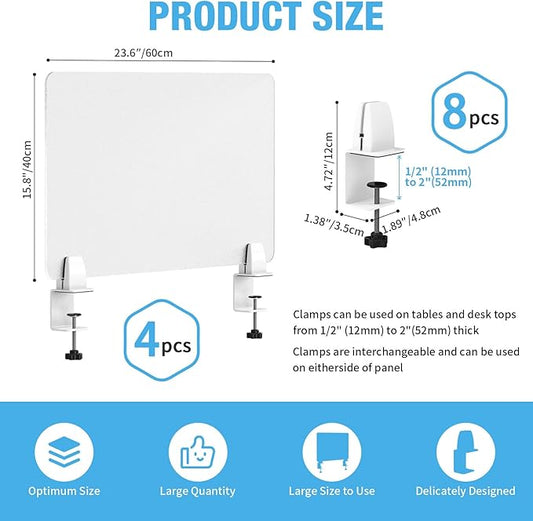 Desk Divider 4 Pcs Desk Privacy Panel 23.6''L x 15.8W'' Office Partitions Frosted Acrylic Panel Pack of 4 Desk Divider Partition with Adjustable Universal Base