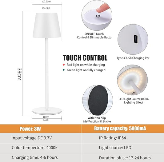 2 Pack Cordless Table Lamp, 5000mAh Portable Rechargeable LED Desk Lamp, 3 Color Modes Stepless Dimming Table Light with Memory Function, for Dinner, Patio, Home, Restaurant.