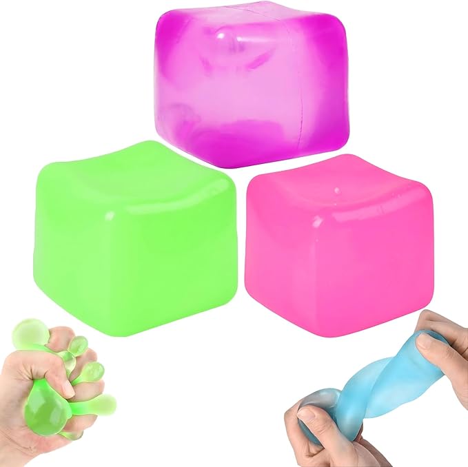 3Pcs Stress Cube Squishy Toys, Slow Rising Ice Cube Stress Balls, Sensory Fidget Toys for Anxiety Relief, Sensory Ice Nee Cube Gel Filled Squishy Ball Toys for ADD/ADHD Kids Adults(Purple,Green,Pink)