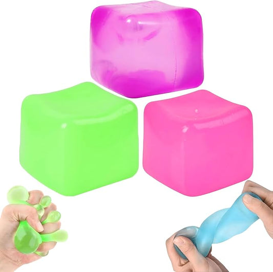 3Pcs Stress Cube Squishy Toys, Slow Rising Ice Cube Stress Balls, Sensory Fidget Toys for Anxiety Relief, Sensory Ice Nee Cube Gel Filled Squishy Ball Toys for ADD/ADHD Kids Adults(Purple,Green,Pink)