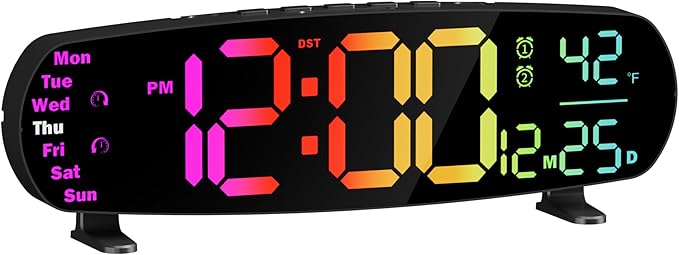 Large Digital Wall Clock, Desk Clock with Date Temperature, 11 RGB Colors, 10 Night Lights, Dual Alarm, Auto Dimming, Timer, 13.7" Digital Clock for Classroom, Bedroom, Living Room