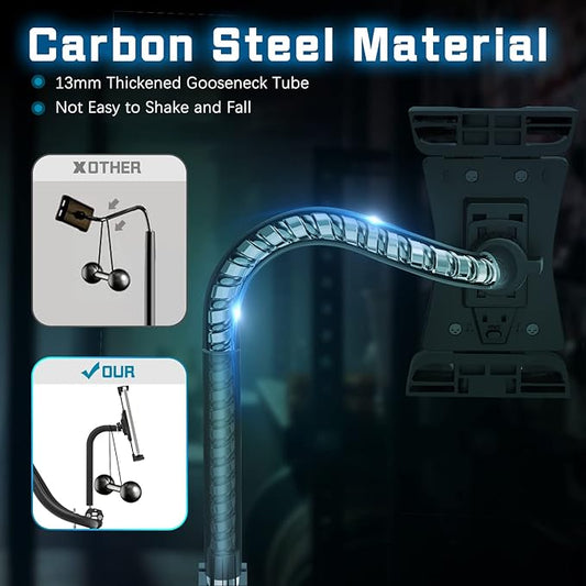 Tablet Holder for Treadmill, Gooseneck Spin Bike & Peloton Handlebar Tablet Clamp Mount Compatible with 4.7–12.9" Tablets, Perfect for Home Gym, Exercise Bike, Stroller, and Indoor Cycling