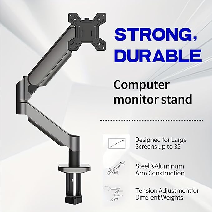 Ultrawide Monitor Arm for 13 to 32 inch Flat/Curved Computer Screen, Gas Spring Single Monitor Mount Holds up to 17.63 lbs, Clamp & Grommet Base, VESA 75x75/100x100mm, Black