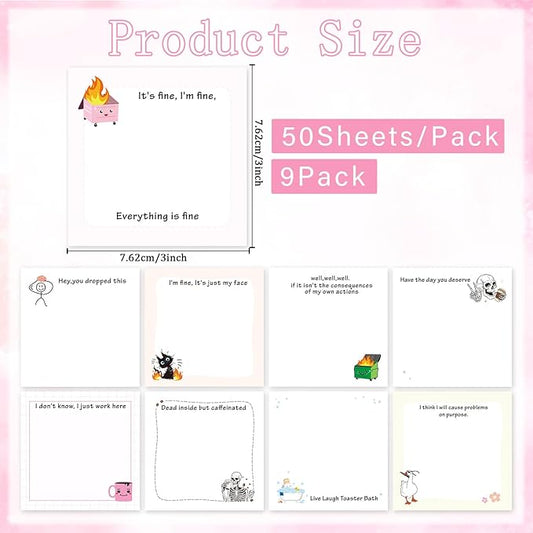 Funny Sticky Notes Gifts - 9 Pack Funny Sticky Notes 3x3 Inch Funny Office Gifts for Coworkers Everything is Fine Post Notes Work Gag Self-Stick Memo Pad Office School Supplies 450 Sheets