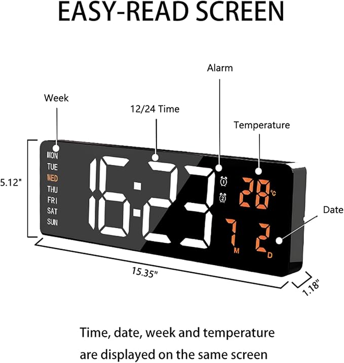 16" Large Digital Wall Clock, Count Down Timer with Remote, Alarm, Big LED Auto Dimming Wall Clock, Temperature Suitable for Living Room, Warehouse, Shop, Gym