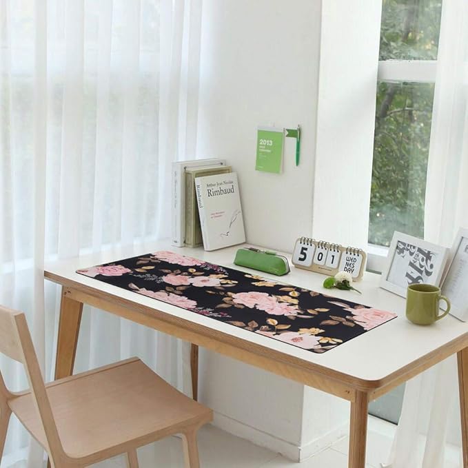 iCasso Extended Gaming Mouse Pad, Large Non-Slip Rubber Base Mousepad with Stitched Edges, Waterproof Keyboard Mouse Mat Desk Pad for Work, Game, Office, Home - Peony