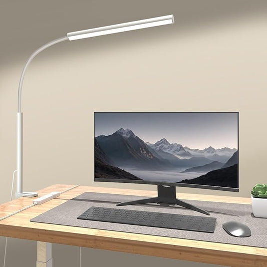 LED Desk Lamp with Clamp, Eye-Protection Clip on Desk Lamp, 5 Modes 10 Brightness Adjustment, 360°Flexible Gooseneck Lamp for Home Office, Lamps with USB Adapter,White