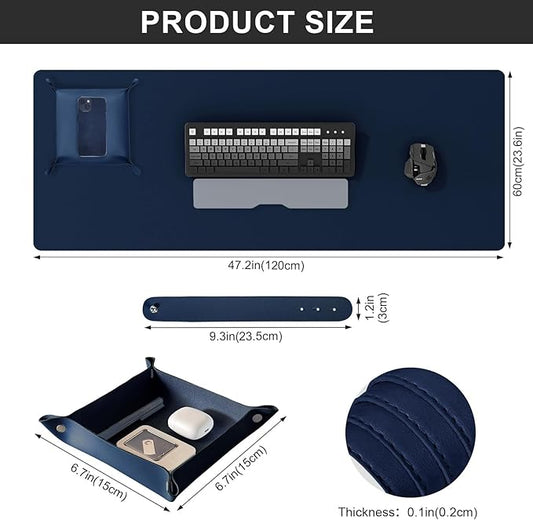 DAWNTREES Dual Sided Desk Mat,Blue Leather Desk Pad,47.2''x23.6'',Cork Desk Mat Protector,120x60cm Extra Large Mouse Pad,with PU Leather Valet Tray Organizer,Desk Writing Pad for Office and Home