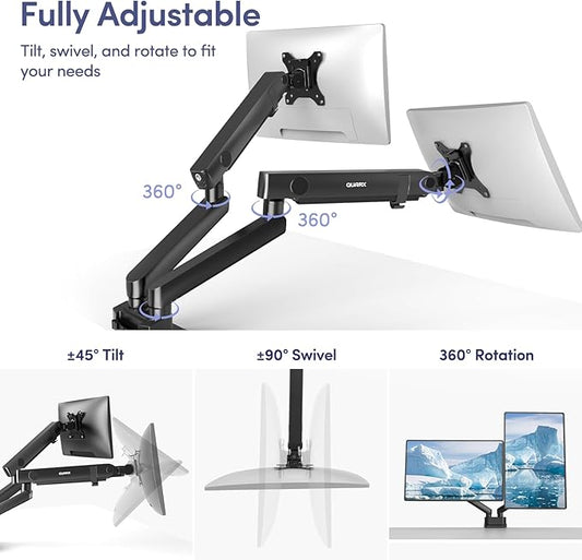 Dual Monitor Mount for Desk, Heavy Duty Dual Monitor Stand for 17 to 35 inch Ultrawide Monitors Holds 4.4 to 26.4 lbs Screen, Height Adjustable Monitor Arm for Gaming, Home, Office, VESA Mount, Black