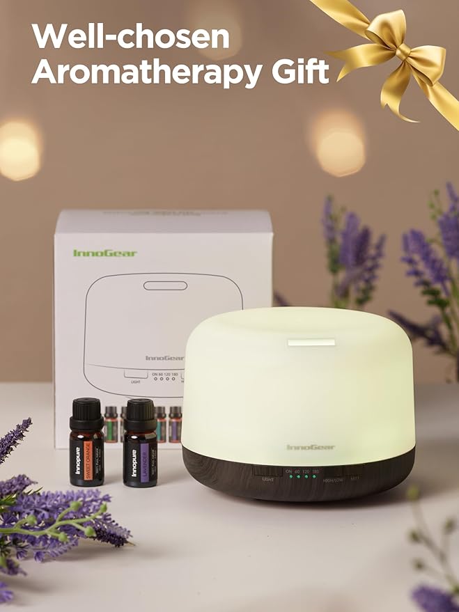 InnoGear Aromatherapy Diffuser & 10 Essential Oils Set, 500ml Essential Oil Diffuser with Remote Control Ultrasonic Cool Mist Scent Humidifier Vaporizer Auto-Off Timer for Room Office Home, Brown