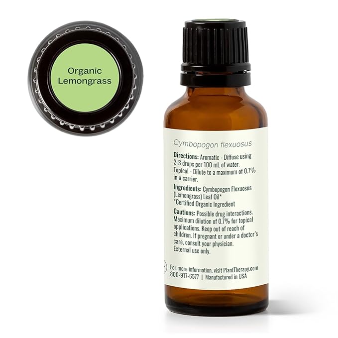 Plant Therapy Organic Lemongrass Essential Oil 100% Pure, USDA Certified Organic, Undiluted, Natural Aromatherapy, Therapeutic Grade 30 mL (1 oz)