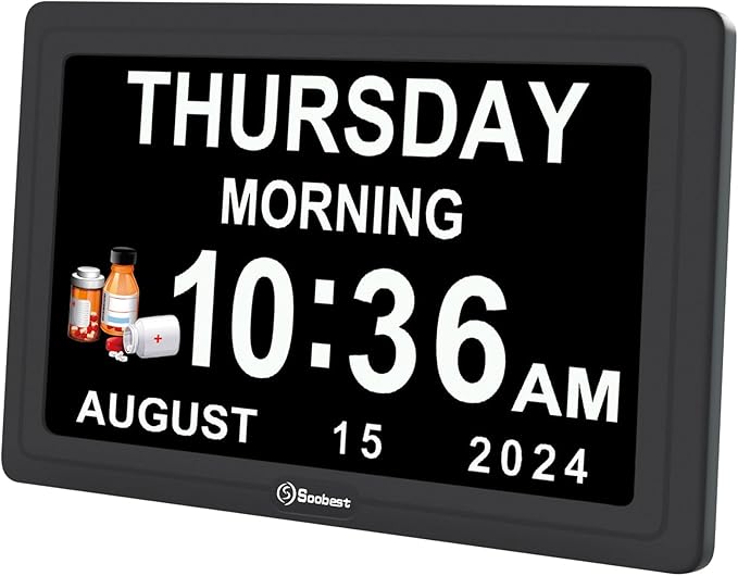 Soobest Digital Dementia Alarm Clock for Seniors Elderly, Electric Large Display Date Day of Week Time Calendar Clock 20 Reminders 3 Ringtones for Memory Loss Alzheimers, Auto DST/Dimmer, 1024*600P HD