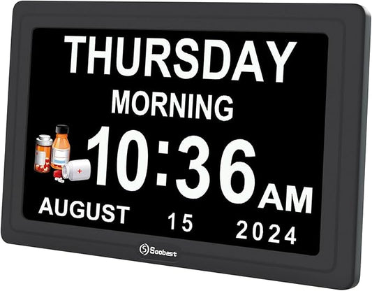 Soobest Digital Dementia Alarm Clock for Seniors Elderly, Electric Large Display Date Day of Week Time Calendar Clock 20 Reminders 3 Ringtones for Memory Loss Alzheimers, Auto DST/Dimmer, 1024*600P HD