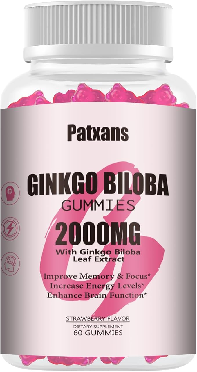 1 Pack 2000mg Ginkgo Biloba Gummies - Ginkgo Biloba Supplements for Brain Health Support, Improve Mood and Focus, Energy, Adult, Strawberry Flavor, 60 Count