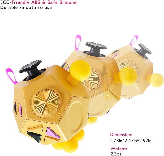 12 Sided Cube Toys,Fidget Toys Relief Stress and Anxiety Depression Anti for Kids and Adults with ADD, ADHD, OCD, Autism (Yellow, Normal)