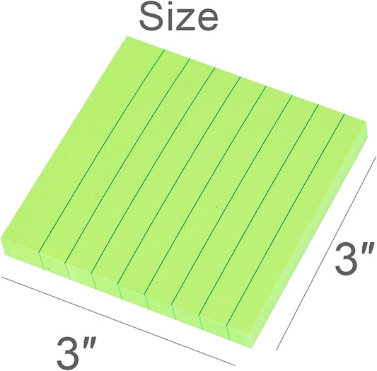 Vanpad Lined Sticky Notes 3x3 Inches, Bright Green Ruled Self-Stick Pads, Easy to Post for Home, Office, Notebook, 8 Pads/Pack