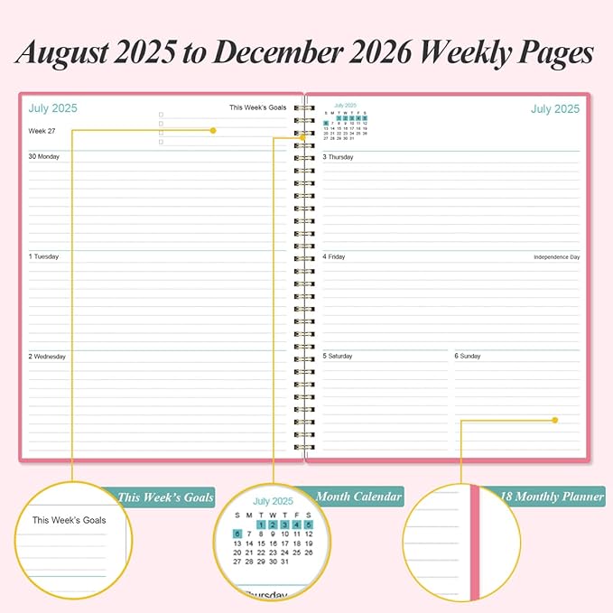 2025-2026 Planner - 17 Months Weekly & Monthly Planner from August 2025 - December 2026, Academic Planner 2025-2026 with Elastic Closure, Inner Pocket, 8.5" x 11", Pink
