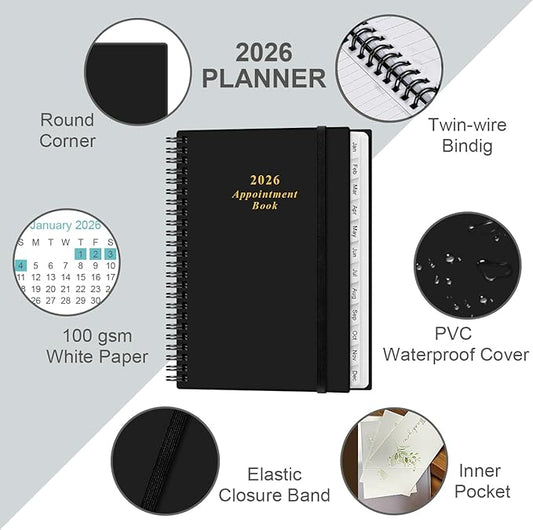 2026 Appointment Book & Planner - 2026 Daily Hourly Planner from January 2026 - December 2026, Weekly Appointment Book with 30-Minute Interval, Medium 6.4" x 8.5", Black-B
