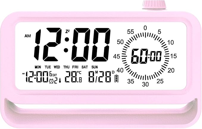 Digital Alarm Clock Night Light Visual Timer, LCD Time Reminder with 3 Alarms, Snooze,Temperature Display, Ideal for Family Education Teaching and Time Management Gifts for Kids (Pink)