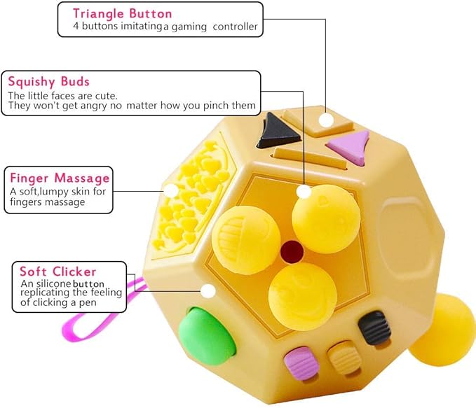 12 Sided Cube Toys,Fidget Toys Relief Stress and Anxiety Depression Anti for Kids and Adults with ADD, ADHD, OCD, Autism (Yellow, Normal)