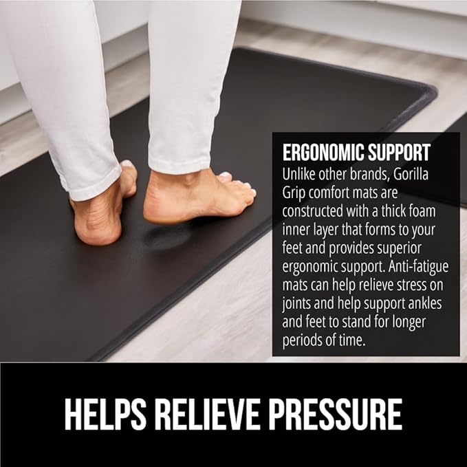 GORILLA GRIP 2 Pack Comfortable Cushioned Kitchen Mats for Floor, 17x24 + 17x48, Waterproof and Stain Resistant, 1/2 Inch Thick Soft Ergonomic Standing Desk Anti Fatigue Mat, Foam Supports Feet, Black