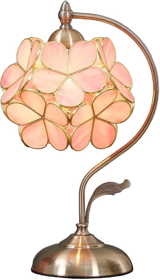 Bieye L10732 Tiffany Style Stained Glass Flower Petal Table Lamp with Brass Base for Home Décor (Pink, 8" Cherry Blossom)