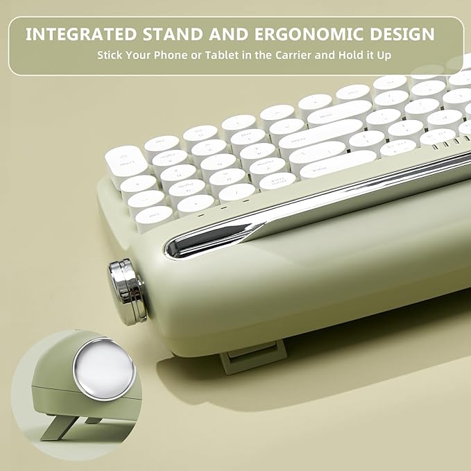 YUNZII Upgraded Wireless Keyboard, Retro Typewriter Style with Integrated Stand, USB-C/Bluetooth with Cute Round Keycaps for Multi Device for Win/Mac (B309, Sweet Mint)