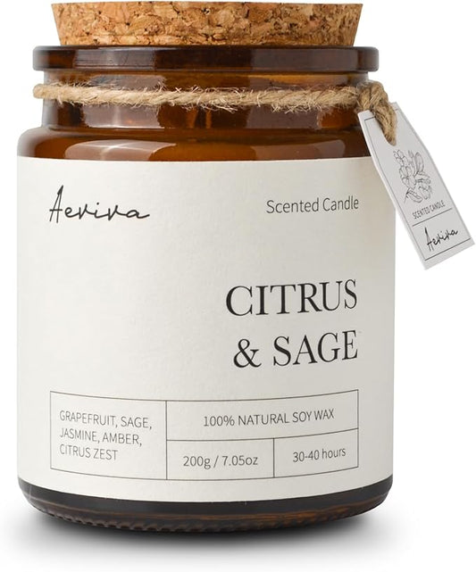 Scented Candle, 7.05 oz Citrus & Sage Aromatherapy Candle, Natural Soy Wax with Wooden Wick, Candles for Home Scented, Stress Relief Amber Jar Candle Gifts