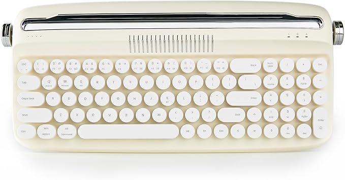 YUNZII Upgraded Wireless Typewriter Keyboard,with Retro Integrated Stand,USB-C/Bluetooth,Cute Round Keycaps, USB-C/Bluetooth Connection for Table, Phone, PC and Win/Mac/Android (B309, Ivory Butter)