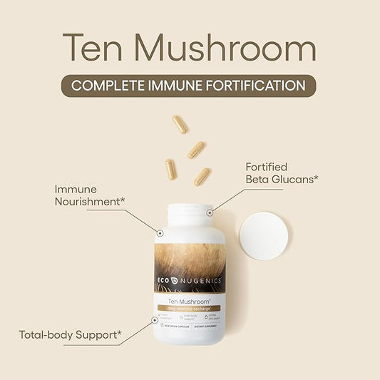 EcoNugenics Ten Mushroom Supplement: Daily Immune Support, 120 Capsules – Lion’s Mane, Reishi, Cordyceps, Turkey Tail – Energy, Gut Health, Liver, Kidney, Cholesterol & Nootropic Brain Support