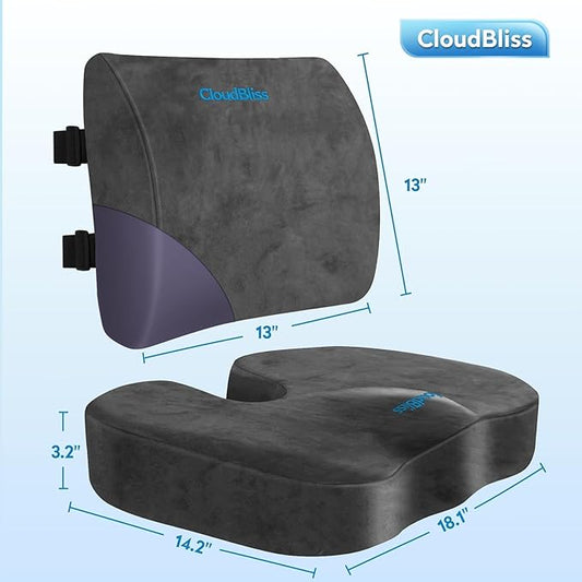 CloudBliss Seat Cushion,Office Chair Cushions,Car Seat Cushion,Lumbar Support Pillow for Office Chair,Back Support Memory Foam Pillow Coccyx Cushion for Tailbone Pain,Sciatica & Back Pain Relief -Grey