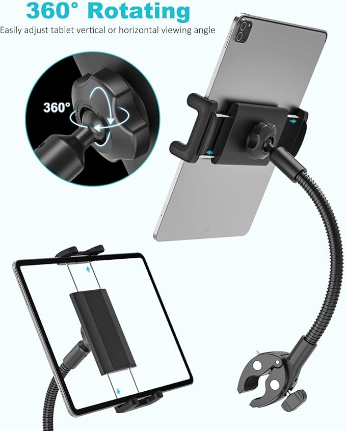 Spin Bike Tablet Holder - Metal Gooseneck Treadmill Tablet Mount, Anti-Shake Elliptical Handlebar Clamp for iPad Pro 13 12.9 Mini Air, Tab, Z Fold, 4-13" Devices