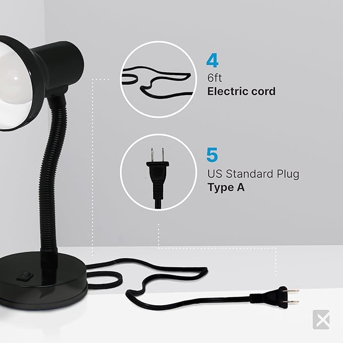 Xtricity LED Desk Light, 360° Adjustable Gooseneck, Home and Office Lamp with 7W A19 Bulb, 120V, On/Off Switch, 14” Height - Reading Lamps for Bedside Table, College Dorm (Black Finish)
