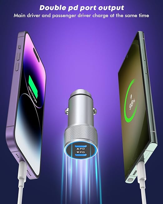 iPhone 15 Charger Car Adapter,2Pack Super Fast PD Dual Port Type C Car Charger Adapter Metal Mini Cigarette Lighter USB C iPhone 15 Charging Cable for iPhone 15/14/13/12/11/Samsung Galaxy S23/S22/iPad