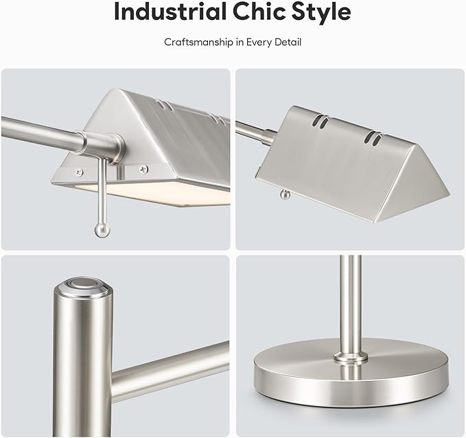 VONLUCE LED Desk Lamp, Adjustable Industrial Style Metal Table Lamp, Dimmable Reading Lamp for Living Room Bedroom Office, Brushed Nickel