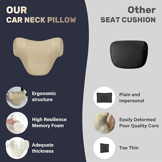 Coverado Car Headrest Pillow, Ergonomic Memory Foam Car Neck Pillow for Driving Seat with Adjustable Strap, Soft PU Leather Breathable Removable Cover Neck Support for Neck Pain Relief - Beige