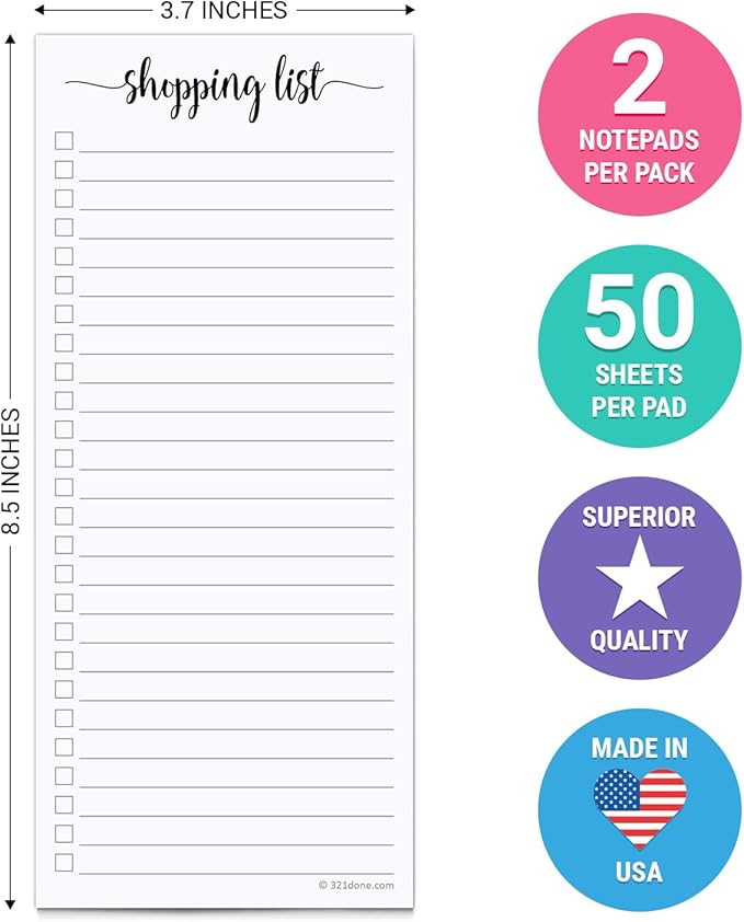321Done 2-Pack Slim Shopping List Notepad, Made in USA - 3.7x8.5, College Ruled, Minimalist Stylish Handheld Grocery List, Store, Market, Pad for Planning, Organizing, Meal Prep - 50 Sheets per Pad