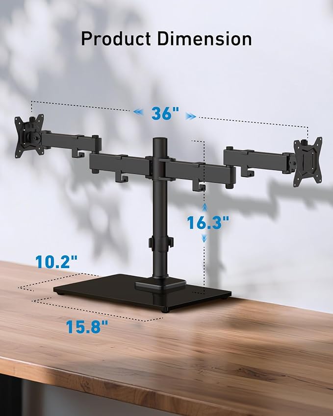HUANUO Freestanding Dual Monitor Stand, 32 Inch Dual Monitor Mount for 2 Screens, Holds up to 19.8 lbs per Arm, Monitor Arm Riser with Tempered-Glass Base, Tilt, Swivel, Rotation, Black