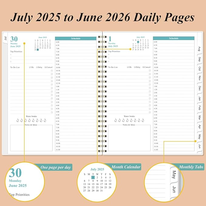 2025-2026 Daily & Monthly Planner - One Page Per Day, Daily Planner from July 2025 to June 2026, Planner 2025-2026 with 12 Monthly Tabs, 8.5" x 11", Rose Leaf