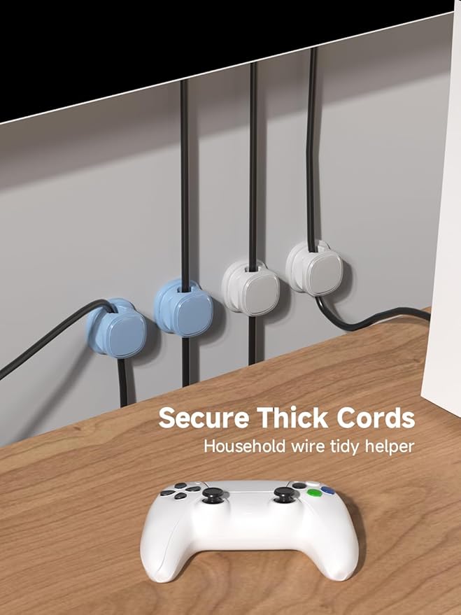 9 Pack Cord Organizer, Spring Cable Management, Adhesive Cute Cable Holder Clips, Phone Charger Wire Keeper for Desk Nightstand Car Office (9-Pack White_Blue)